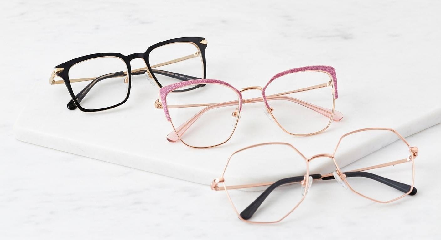 Trois paires de lunettes avec plaquettes de nez sur une surface blanche