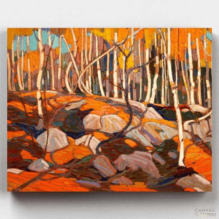Peinture d'une forêt avec des rochers et des arbres pour un art mural sur toile personnalisé