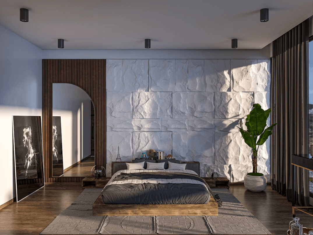 Chambre chic avec un mur en pierre et un grand